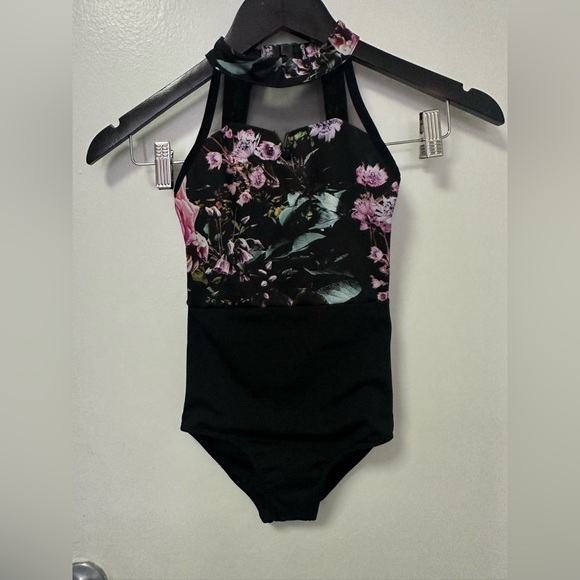 Danz N Motion GARDEN PRINT MESH HALTER Leotard Girls Dance Size 8-10 - Picture 1 of 7